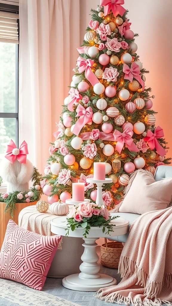 A chic Christmas tree with pink ornaments and a cozy living room decorated for the holidays.